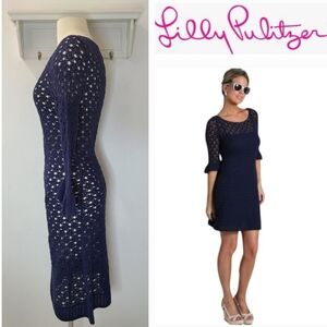Lilly Pulitzer SHAUNA Navy Blue Ruffle Sleeve Open Knit Crochet Cover-up Dress S